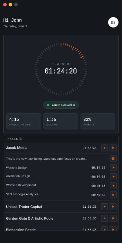 ClareSight desktop app tracking time against projects and tasks